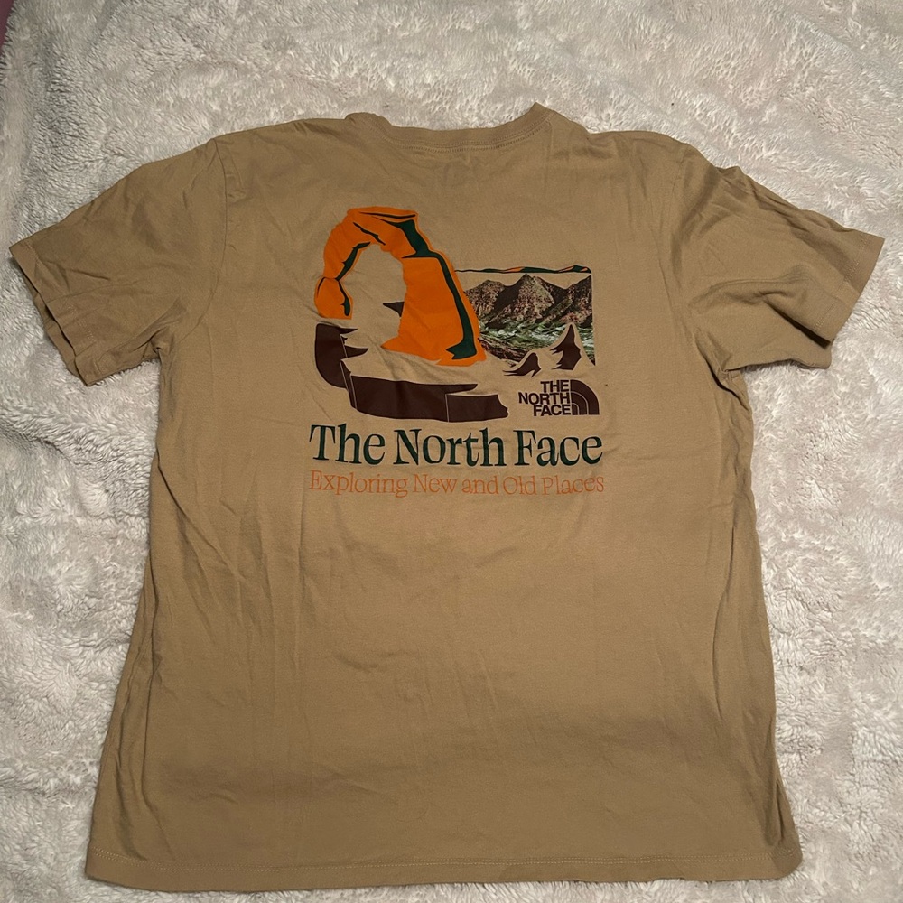 The North Face Tan Graphic Short-Sleeve Tee with Forest Green & Orange Print